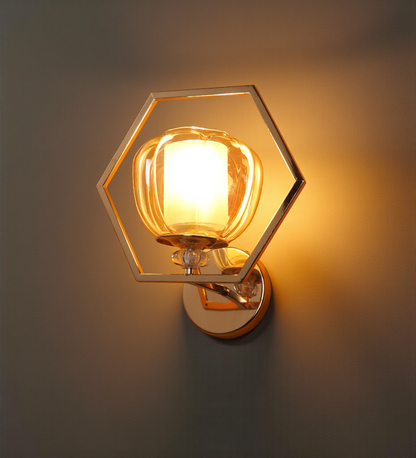 Hexagon Frame Glass Wall Light | Designer Gold Metal Wall Lamp for Bedroom & Dining Room | 3 Years Warranty | Free Bulb
