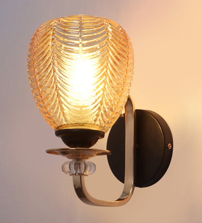 Amber Glass Wall Light with Black & Gold Metal Base | Elegant Bedroom Wall Lamp | 3 Years Warranty | Free Bulb