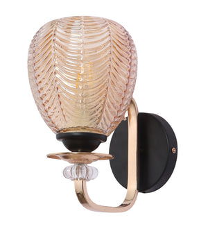 Amber Glass Wall Light with Black & Gold Metal Base | Elegant Bedroom Wall Lamp | 3 Years Warranty | Free Bulb