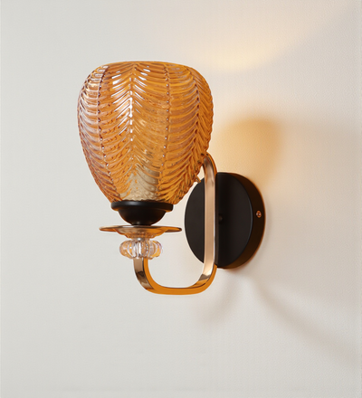 Amber Glass Wall Light with Black & Gold Metal Base | Elegant Bedroom Wall Lamp | 3 Years Warranty | Free Bulb