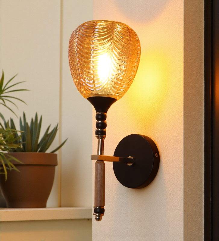 Vintage Wooden Handle Glass Wall Light | Decorative Wall Lamp with Metal Base | 3 Years Warranty | Free Bulb