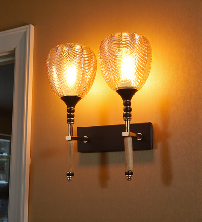 Double Wooden Handle Glass Wall Light | Twin Designer Wall Lamp for Bedroom & Living Room | 3 Years Warranty | Free Bulb