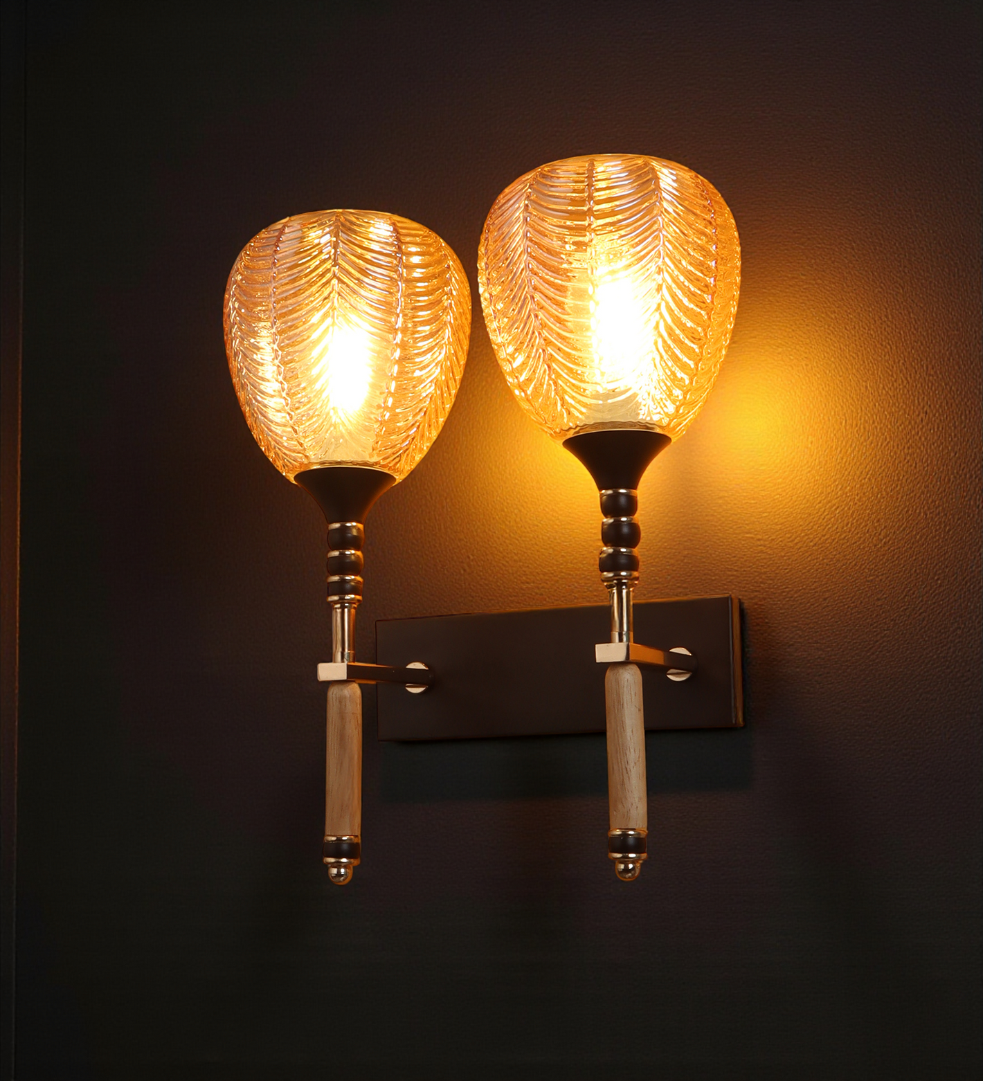 Double Wooden Handle Glass Wall Light | Twin Designer Wall Lamp for Bedroom & Living Room | 3 Years Warranty | Free Bulb