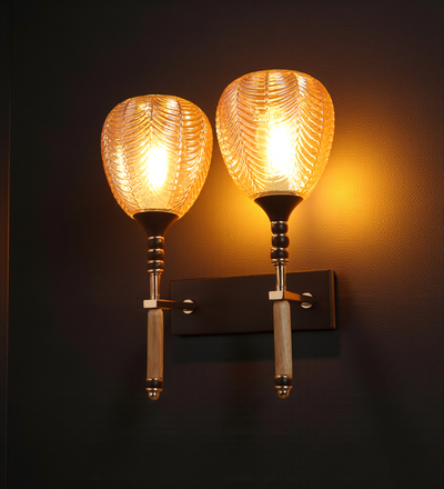 Double Wooden Handle Glass Wall Light | Twin Designer Wall Lamp for Bedroom & Living Room | 3 Years Warranty | Free Bulb