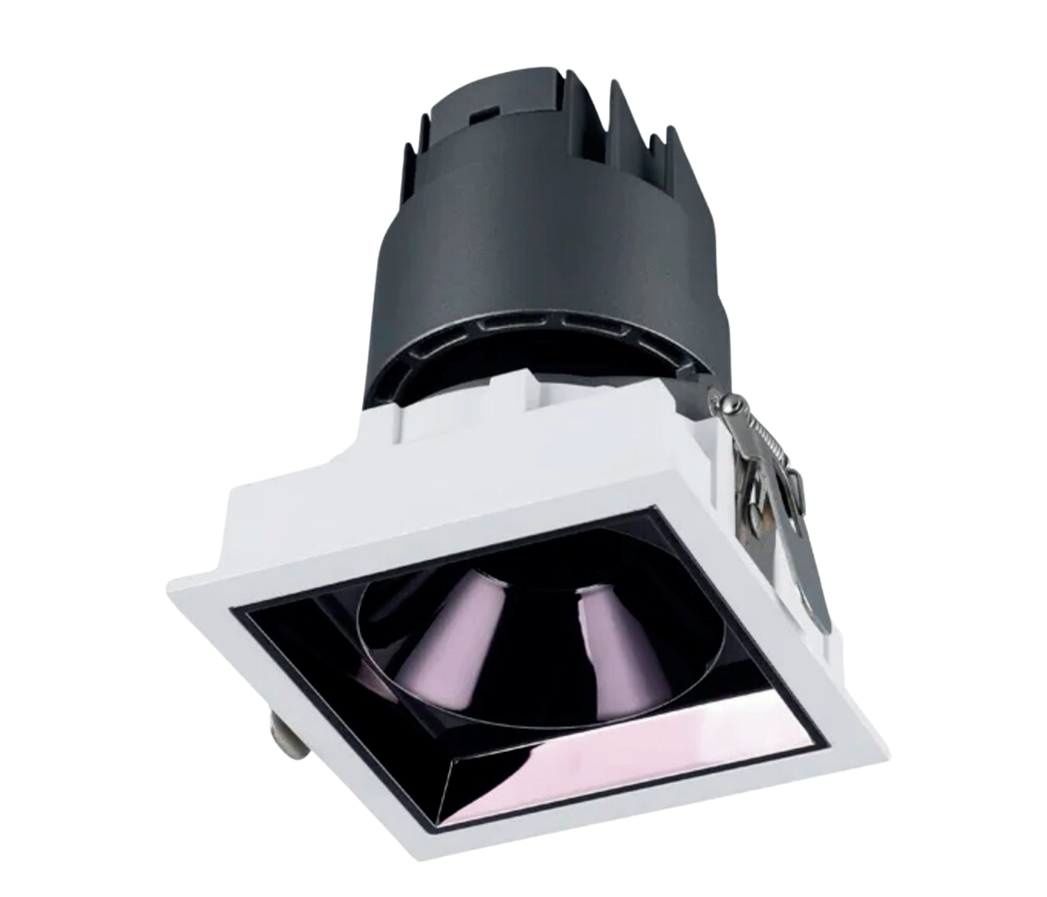 Square recessed ceiling light with white frame and black interior on a white background