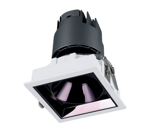 Square recessed ceiling light with white frame and black interior on a white background