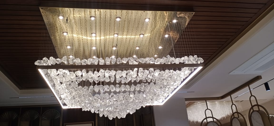 Custom Stone Glass Pyramid Chandelier – A Statement Piece for Luxury Dining Spaces