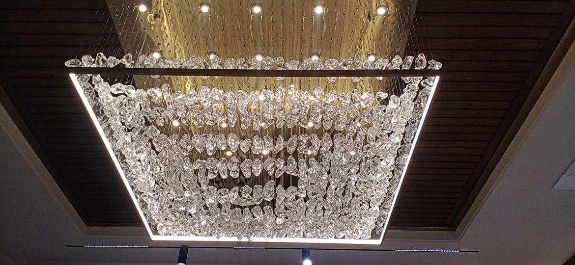 Custom Stone Glass Pyramid Chandelier – A Statement Piece for Luxury Dining Spaces