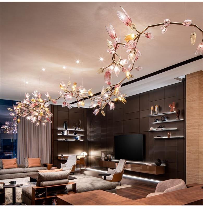 Amber Blush Glass Vine Chandelier – A Sculptural Statement for Grand Living Spaces