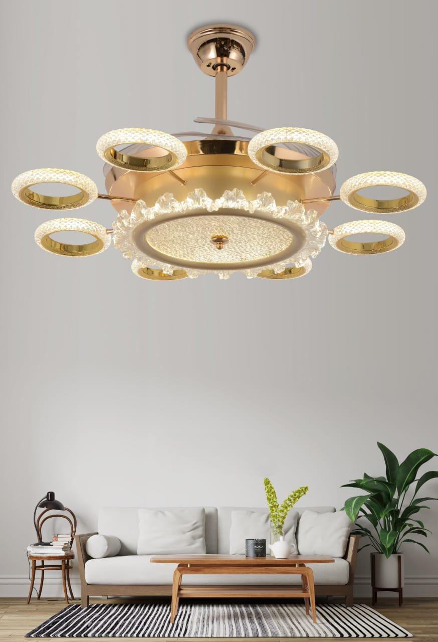 JS-FO - FI-7761 High Speed Modern Chandelier Fans Gold Finish Acrylic Blades Size 1070mm