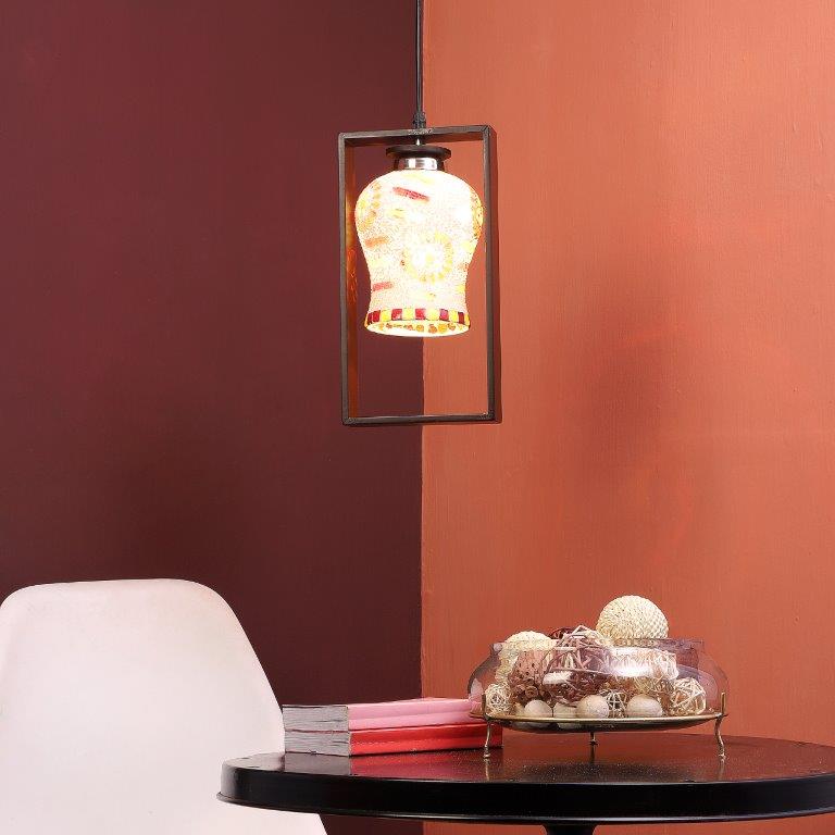 ELIANTE Brown Wood Base Multicolour Glass Shade Hanging Light - Aj-1245-1Lp-Multi - Bulb Included