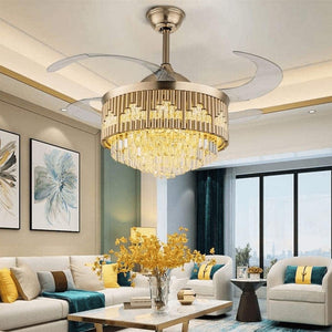 JS-FO - FI-7779 High Speed Crystal Chandelier Fans Gold Finish Acrylic Blades Size 1070mm
