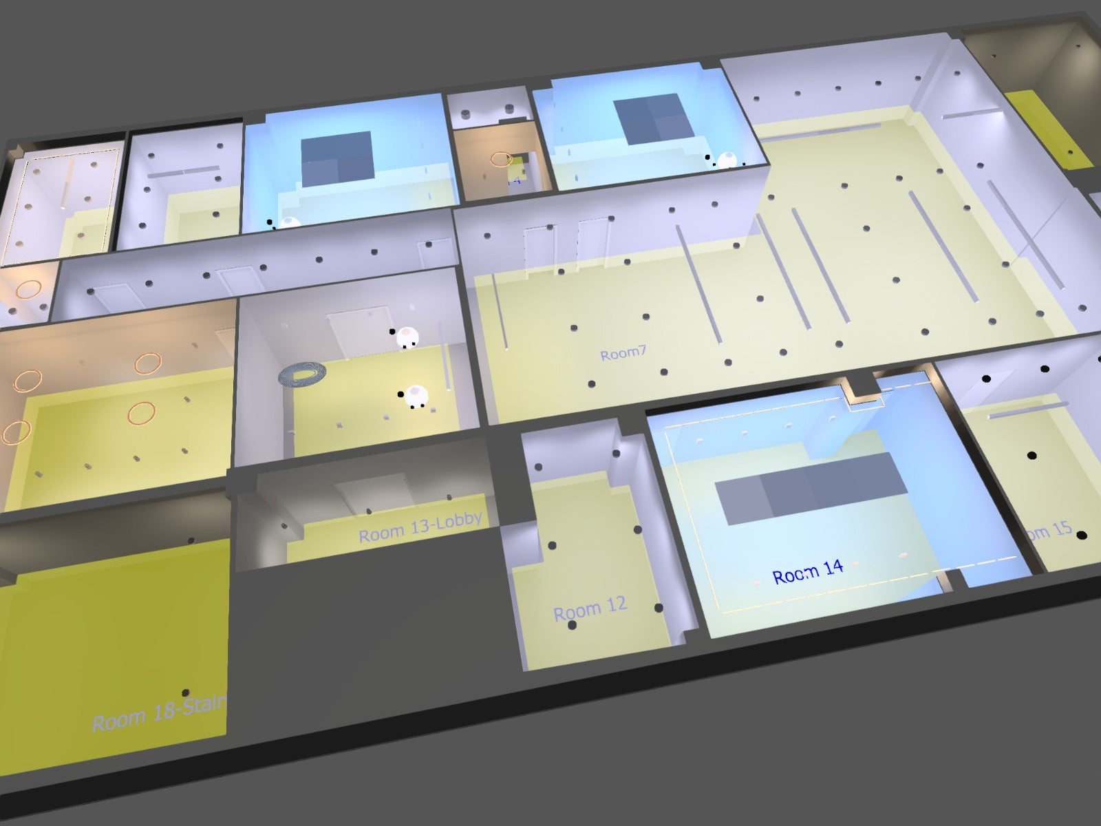 Dialux office lighting model — floor-plate overview with the per-room fixture layout
