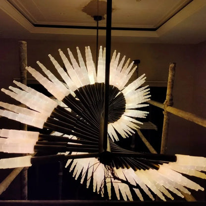 Black Rod & Frosted Glass Pinwheel Chandelier – A Sculptural Statement for Double-Height Interiors