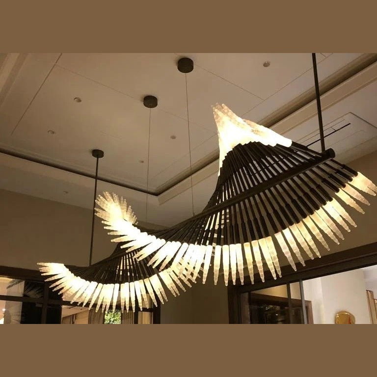 Black Rod & Frosted Glass Pinwheel Chandelier – full view