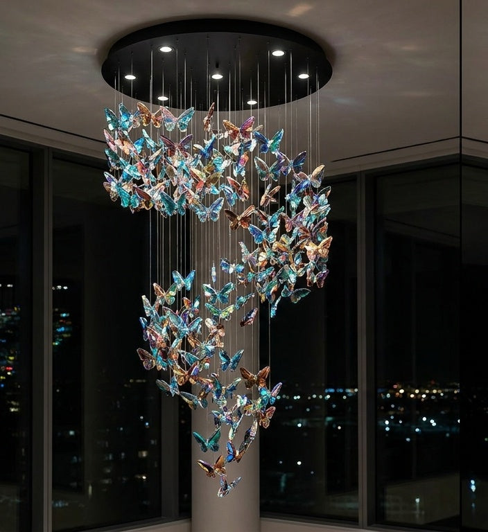 Iridescent Butterfly Flight Chandelier - custom cascading glass butterfly swarm chandelier for double-height interiors