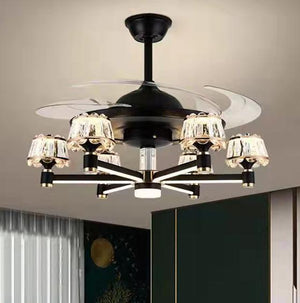 JS-FO - FI-7660-1070mm High Speed Crystal Chandelier Fans Black Finish Acrylic Blades Size 1070mm