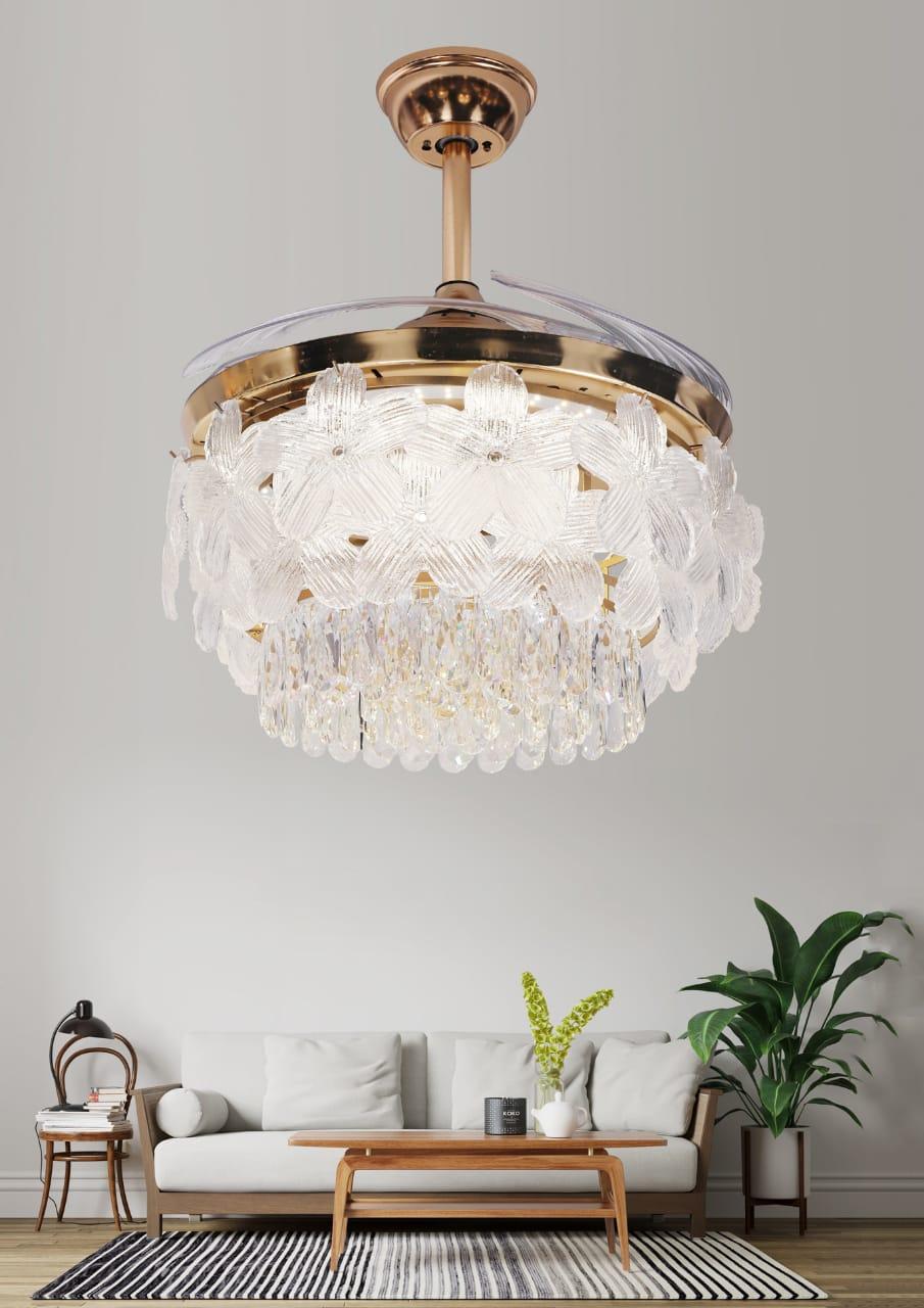 JS-FO - FI-7762 High Speed Crystal Chandelier Fans Gold Finish Acrylic Blades Size 1070mm