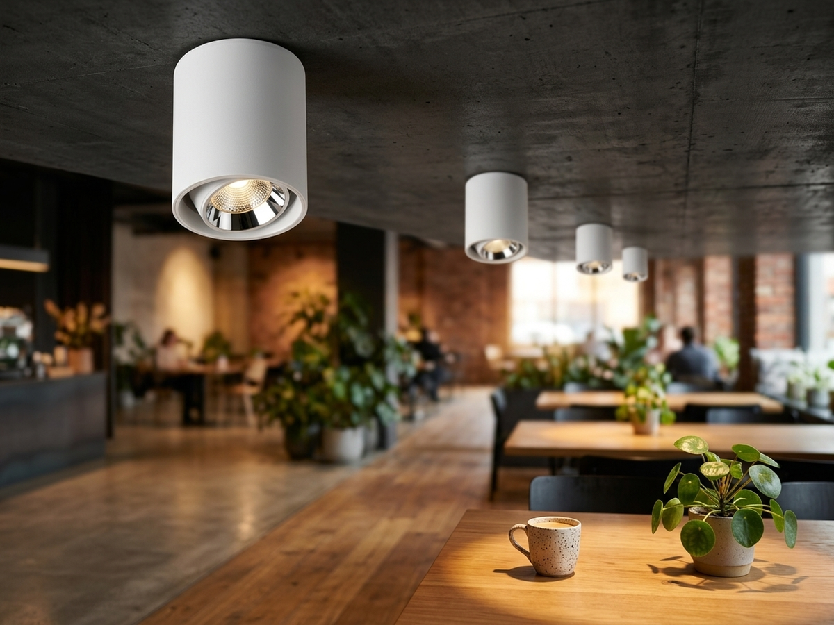 Café idea with round surface dome downlights (illustration)