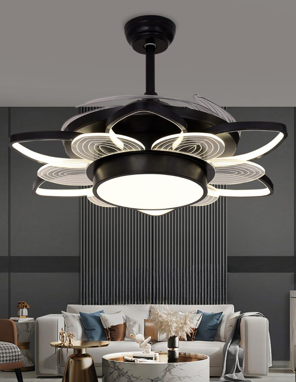 JS-FO - FI-7764-BK High Speed Modern Chandelier Fans Matt Gold Finish Acrylic Blades Size 1070mm