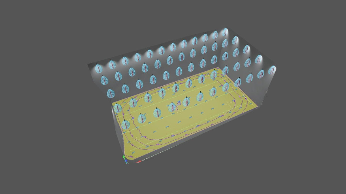 Sportball pickleball court — design visual of our final lighting design, calculated in DIALux
