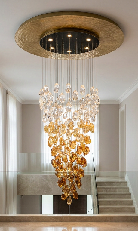 Crystal Cascade Amber Tips Chandelier - clear to amber ombre crystal cluster cascading from a hammered brass canopy in a double-height staircase