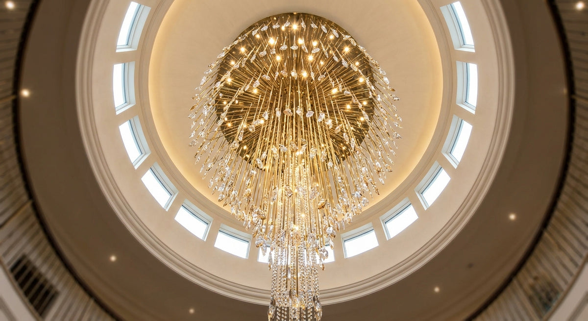 Crystal Cascade Dome Chandelier - dome-shaped crystal cluster cascading over a double-height foyer