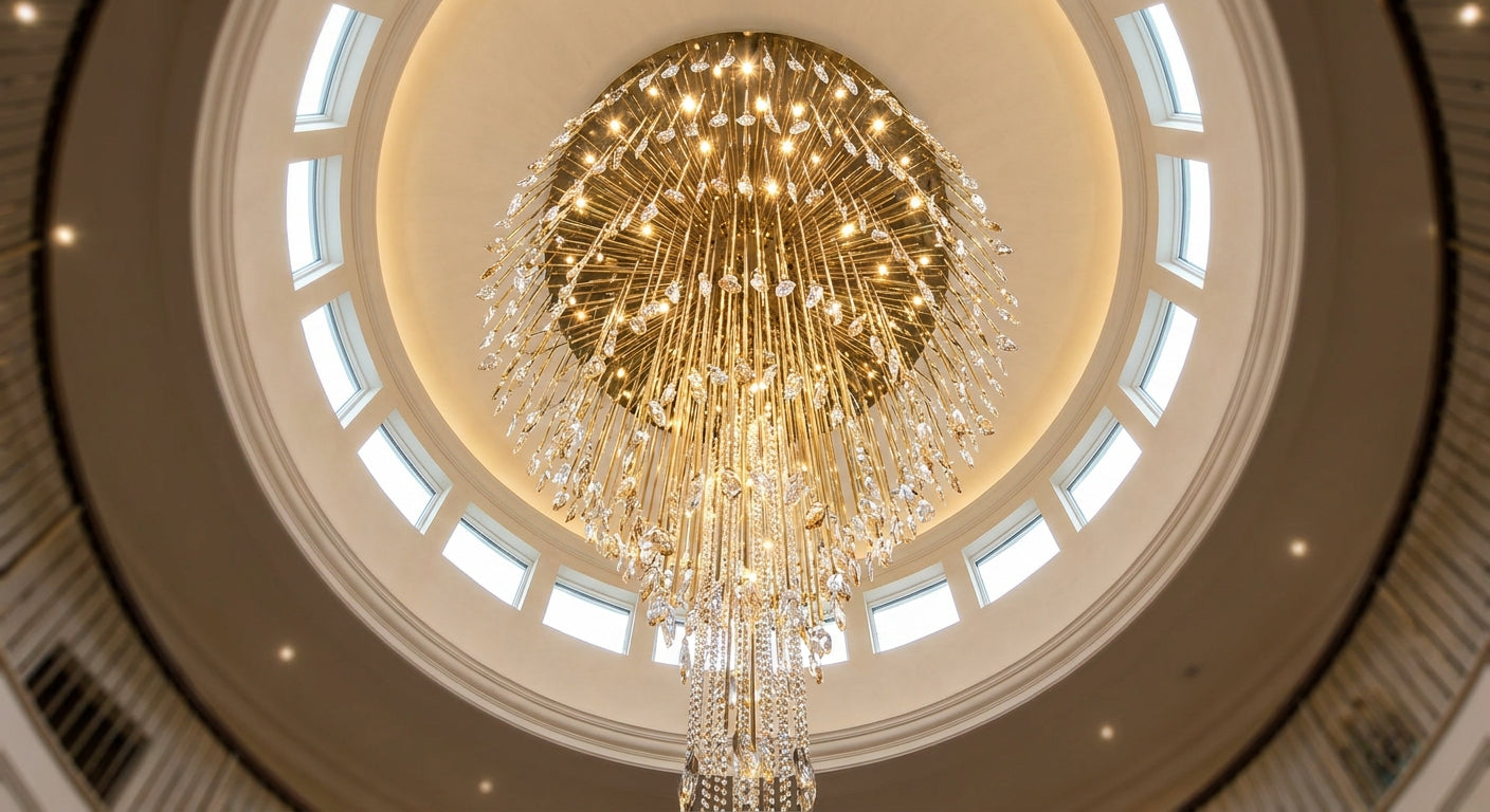 Crystal Cascade Dome Chandelier - dome-shaped crystal cluster cascading over a double-height foyer