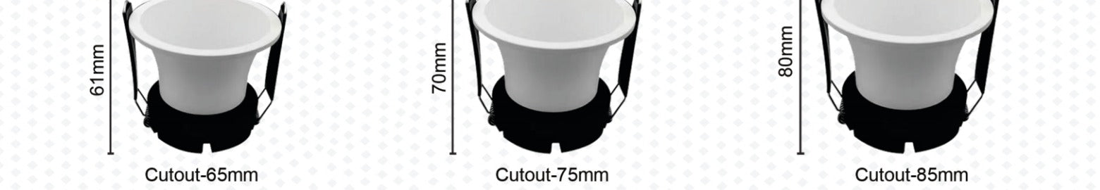 LCP-027 Deep — dimensions for 10W / 15W / 20W cut-out sizes