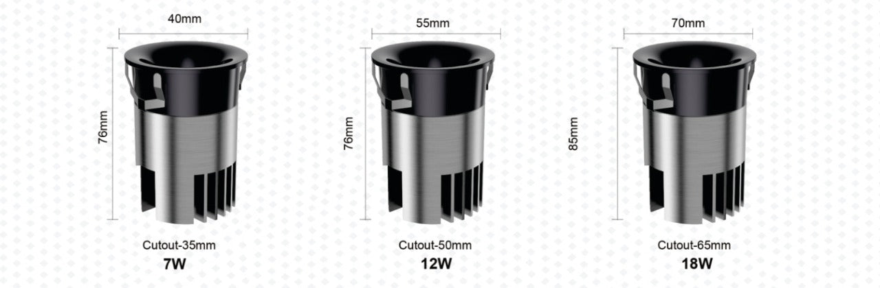LCP-001 — dimensions for 7W / 12W / 18W cut-out sizes