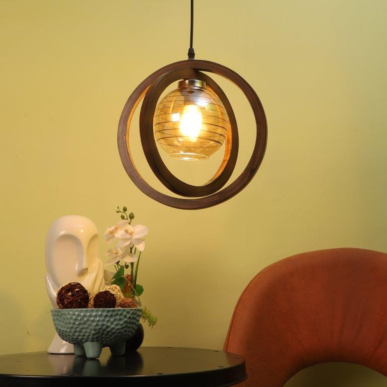 ELIANTE Brown Wood Base Brown White Shade Hanging Light - Dp-222-1Lp - Bulb Included