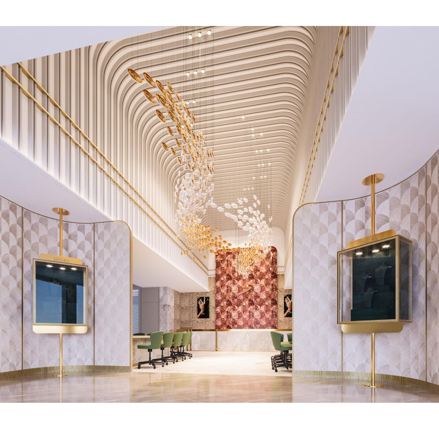 Signature Floating Wave Chandelier Installation for Shilpa Jewellers, Rajkot – Custom White & Gold Sculptural Lighting Designed for a Grand Double-Height Lobby