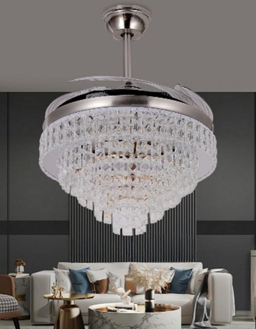 JS-FO - FI-7763 High Speed Crystal Chandelier Fans Chrome Finish Acrylic Blades Size 1070mm