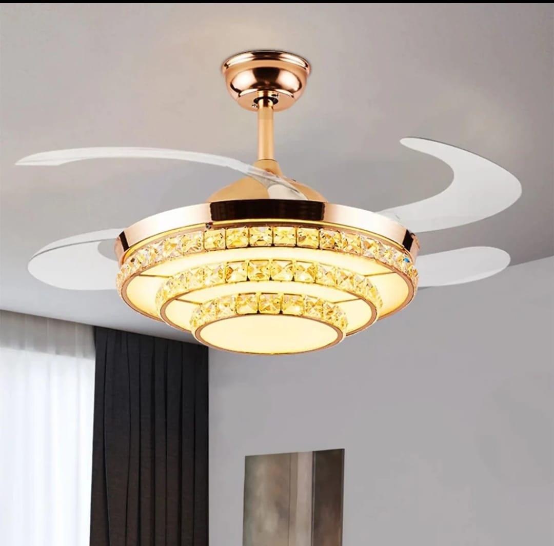 JS-FO - FI-7767 High Speed Crystal Chandelier Fans French Gold Finish Acrylic Blades Size 1070mm