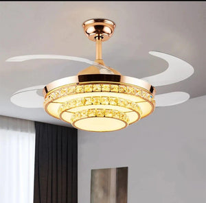 JS-FO - FI-7767 High Speed Crystal Chandelier Fans French Gold Finish Acrylic Blades Size 1070mm