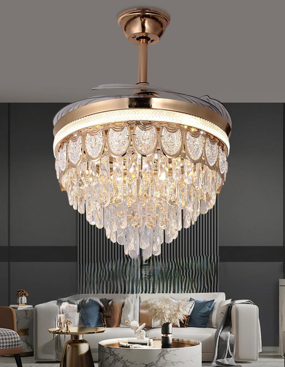 JS-FO - FI-7680 High Speed Crystal Chandelier Fans Gold Finish Acrylic Blades Size 1070mm