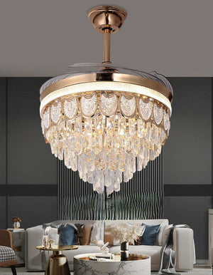 JS-FO - FI-7680 High Speed Crystal Chandelier Fans Gold Finish Acrylic Blades Size 1070mm