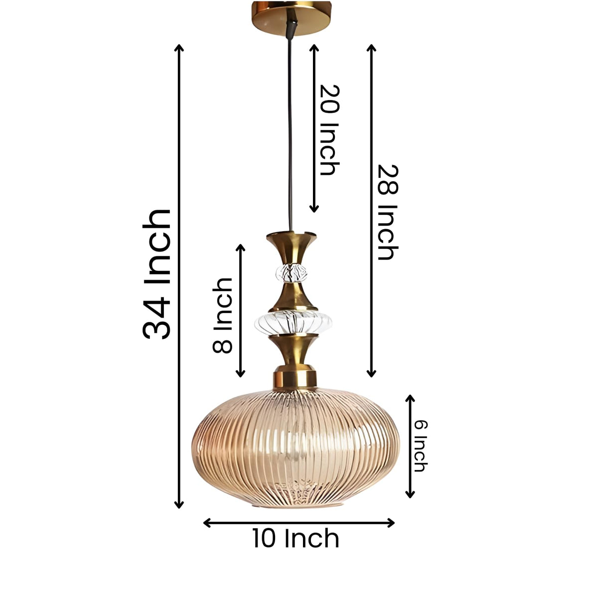 ELIANTE Povque Vintage Hanging Light | Gold Finish Iron & Golden Glass Shade | E27 Holder | Decorative Pendant for Living Room & Dining | with LED Lamp(s) Included | 3 Years Warranty