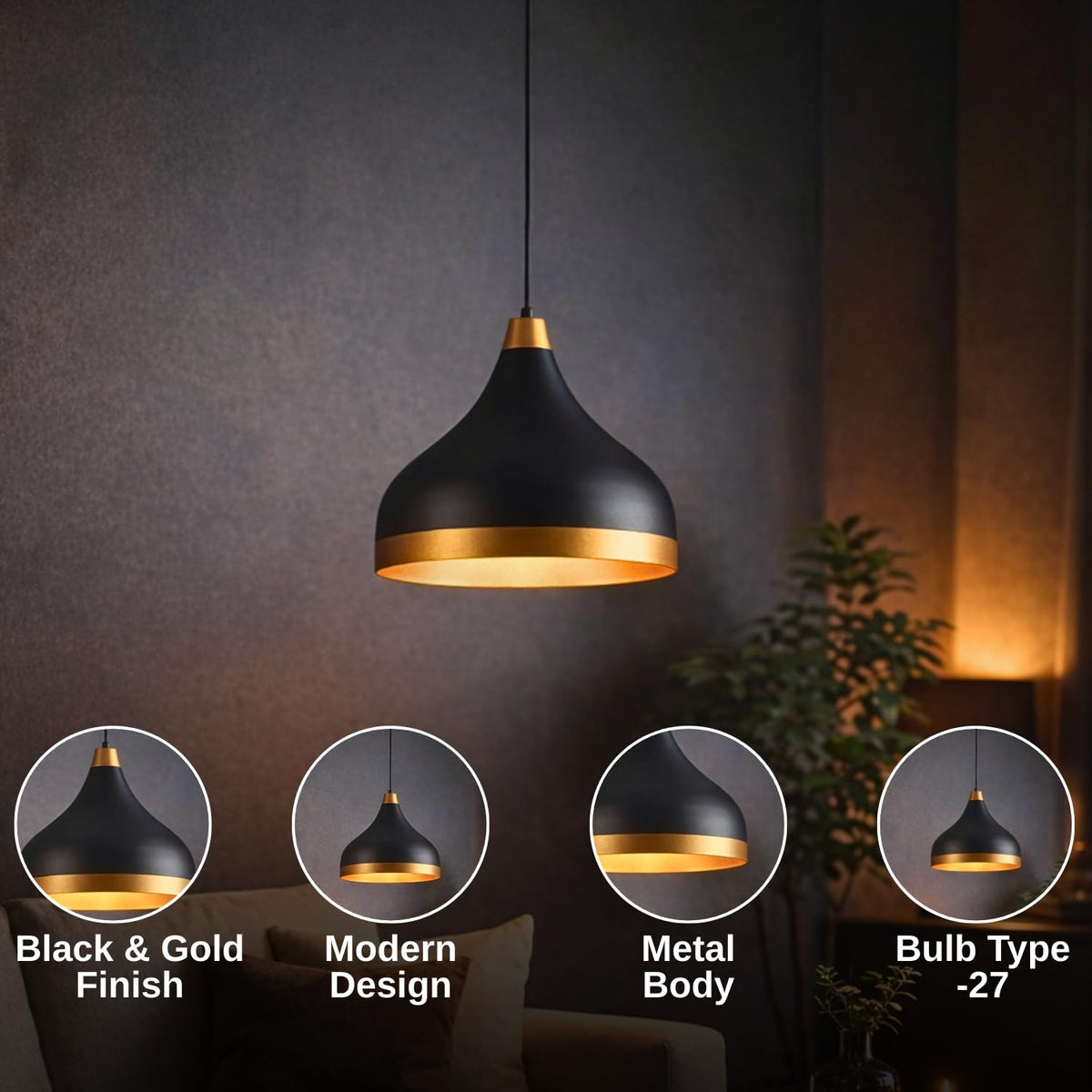 ELIANTE by Jainsons Lights | Modern Black Metal Single Hanging Light/Ceiling Decorative Chandelier Light Lamp by Jainsons Lights - M-46-HL-BIG-BK-GD - with LED Lamp Included