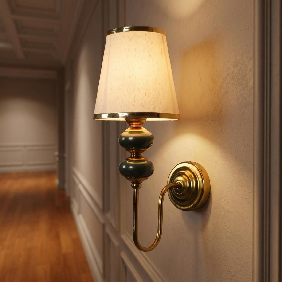ELIANTE Luminara Gold Wall Light with E27 Holder and White Fabric Shade | 3 Years Warranty | LED Lamp Included