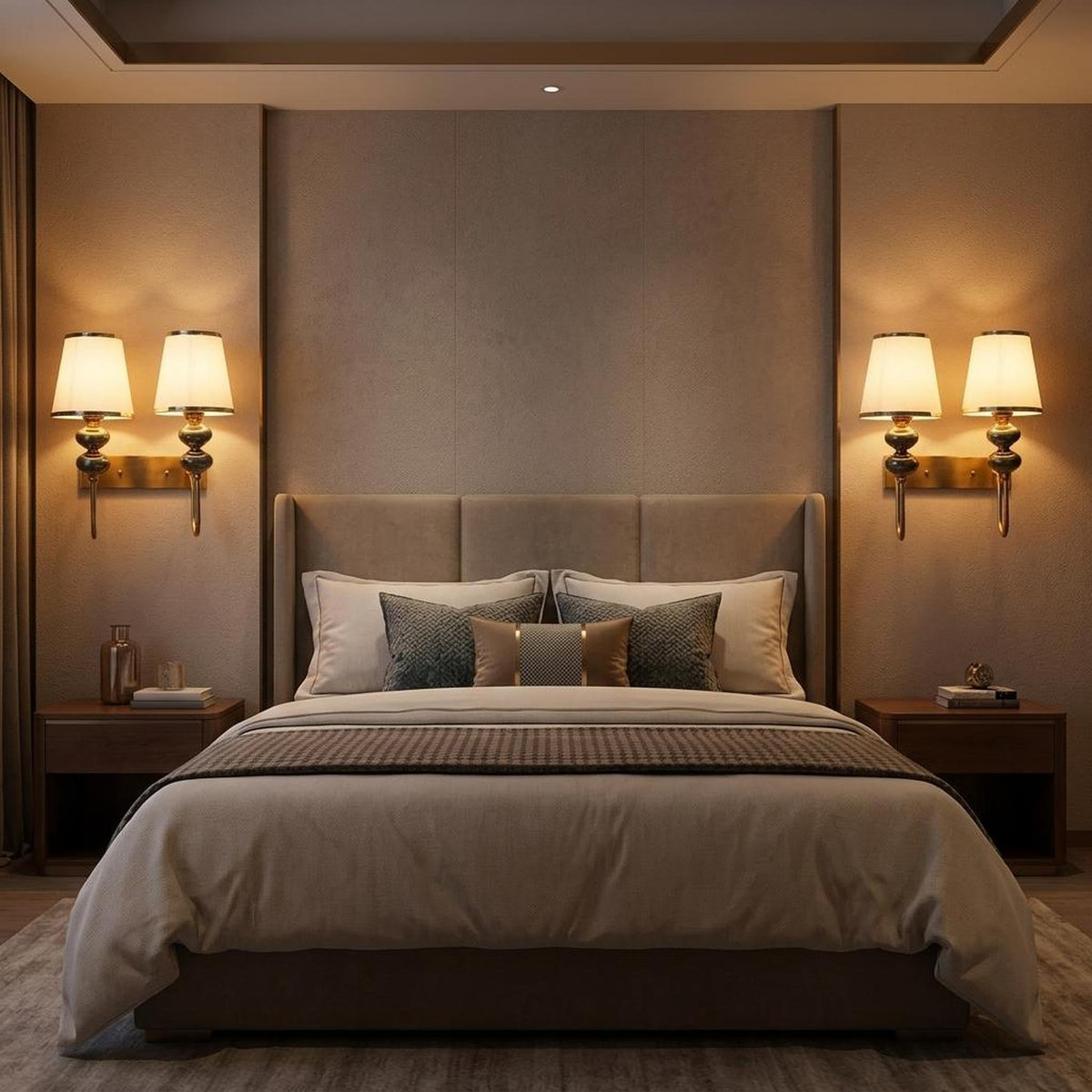 ELIANTE Solara Modern Double Wall Light | Gold Iron with White Fabric Shade | E27 Holder | Decorative Light for Living Room and Bedroom | LED Lamp Included | 3 Years Warranty