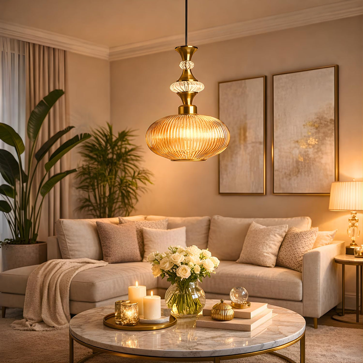 ELIANTE Povque Vintage Hanging Light | Gold Finish Iron & Golden Glass Shade | E27 Holder | Decorative Pendant for Living Room & Dining | with LED Lamp(s) Included | 3 Years Warranty