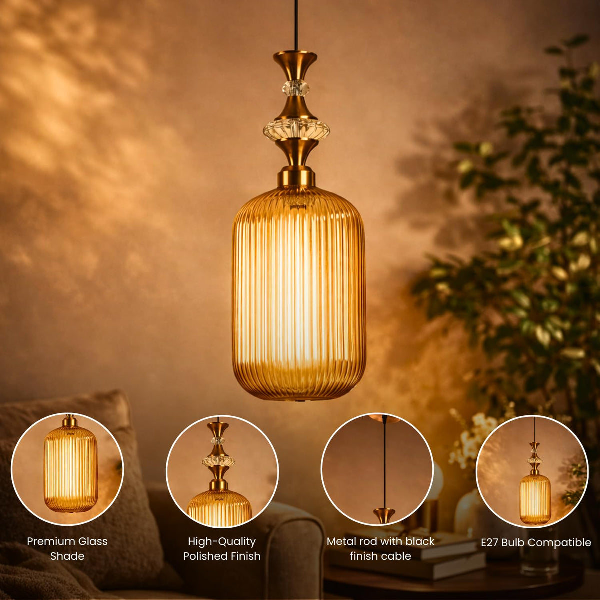 Black and Gold Iron Hanging Light - E27 holder - with LED Lamp Included - JS-1323-1LP