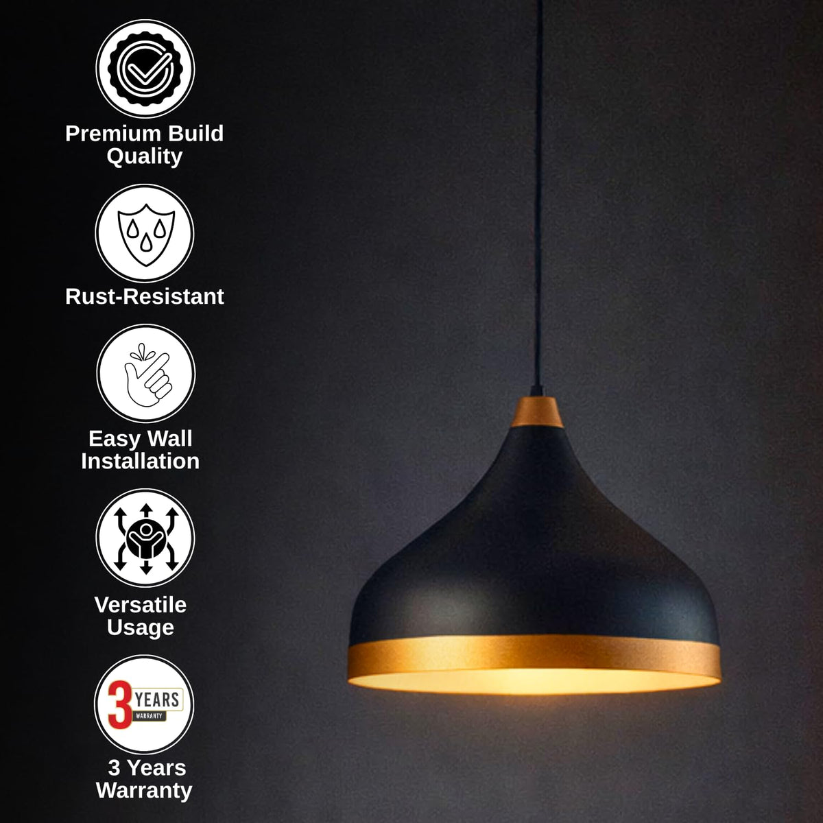 ELIANTE by Jainsons Lights | Modern Black Metal Single Hanging Light/Ceiling Decorative Chandelier Light Lamp by Jainsons Lights - M-46-HL-BIG-BK-GD - with LED Lamp Included