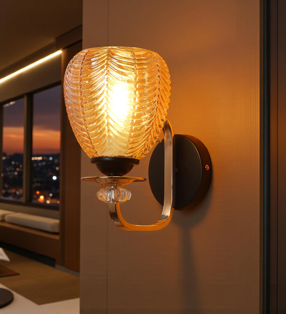 Amber Glass Wall Light with Black & Gold Metal Base | Elegant Bedroom Wall Lamp | 3 Years Warranty | Free Bulb