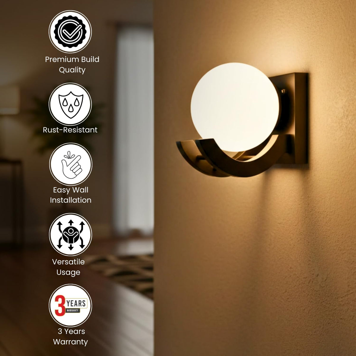 ELIANTE Wood Wall Light Black for Living Room, Bedroom, Dining Room, Kitchen | 3 Years Warranty | with LED Lamp(s) Included
