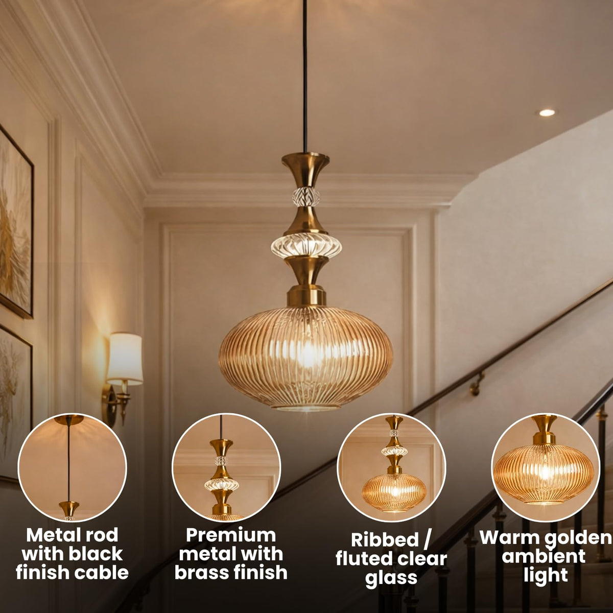 ELIANTE Povque Vintage Hanging Light | Gold Finish Iron & Golden Glass Shade | E27 Holder | Decorative Pendant for Living Room & Dining | with LED Lamp(s) Included | 3 Years Warranty