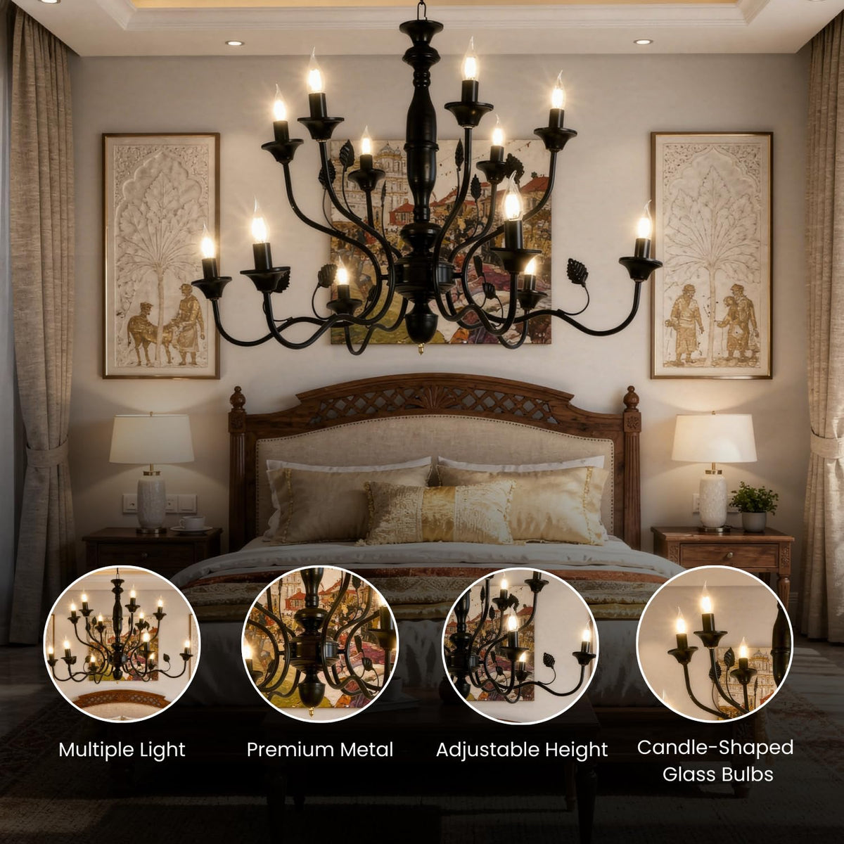 Black Iron Chandelier - E14 Holder - without Bulb - JS-1317-8-4LP