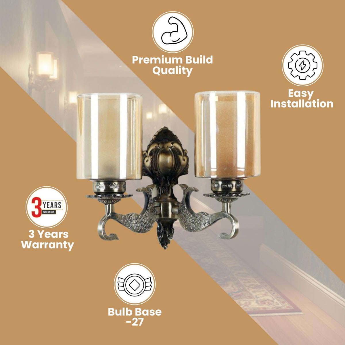 Paxton Aluminium Wall Mounted Uplight Sconce (Antique Brass) | JS-1213-2W | Included Bulb | Eliante by Jainsons Lights