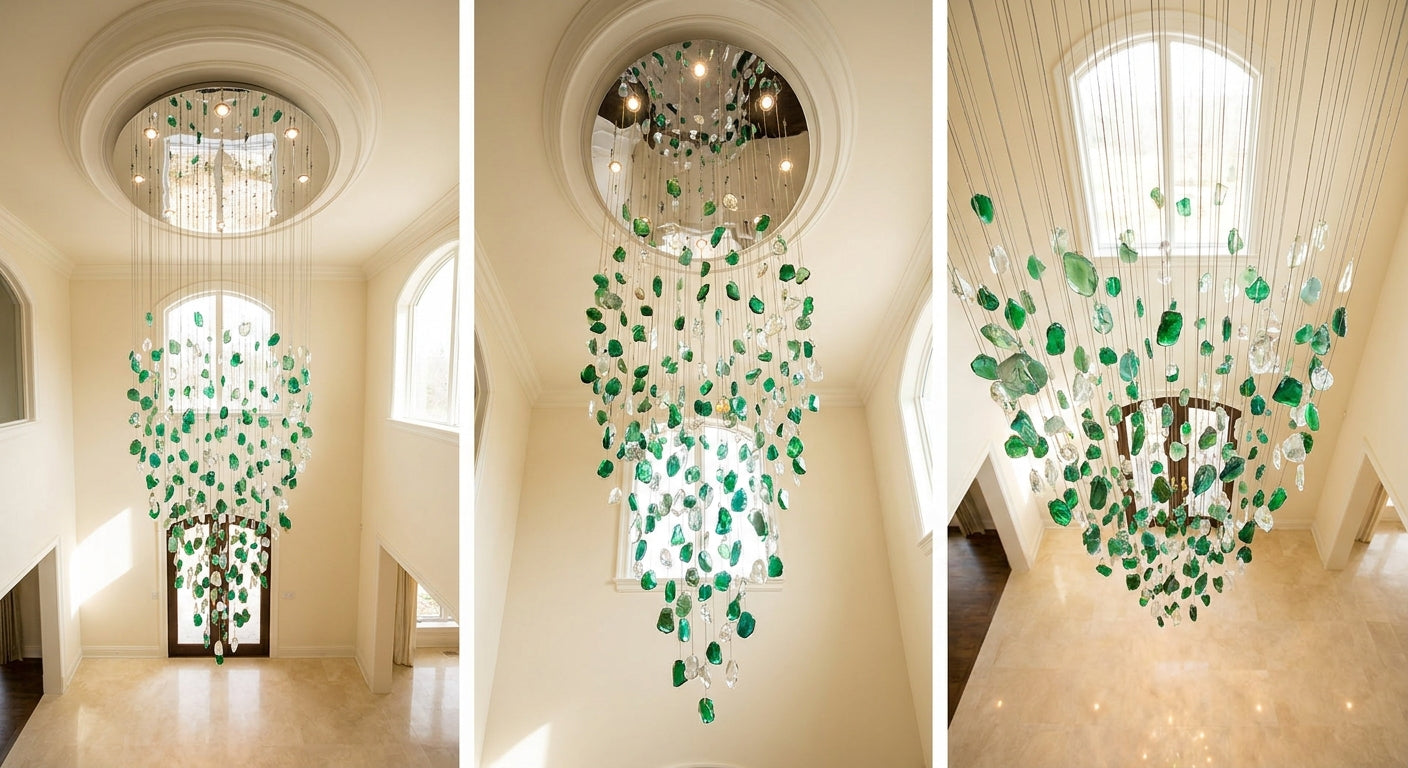 Emerald Crystal Cascade Chandelier – double-height foyer installation